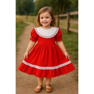 Vintage Kandy Ann Red Polka Dot Girls Dress Lace Ruffle Bib Collar Size‎ 4